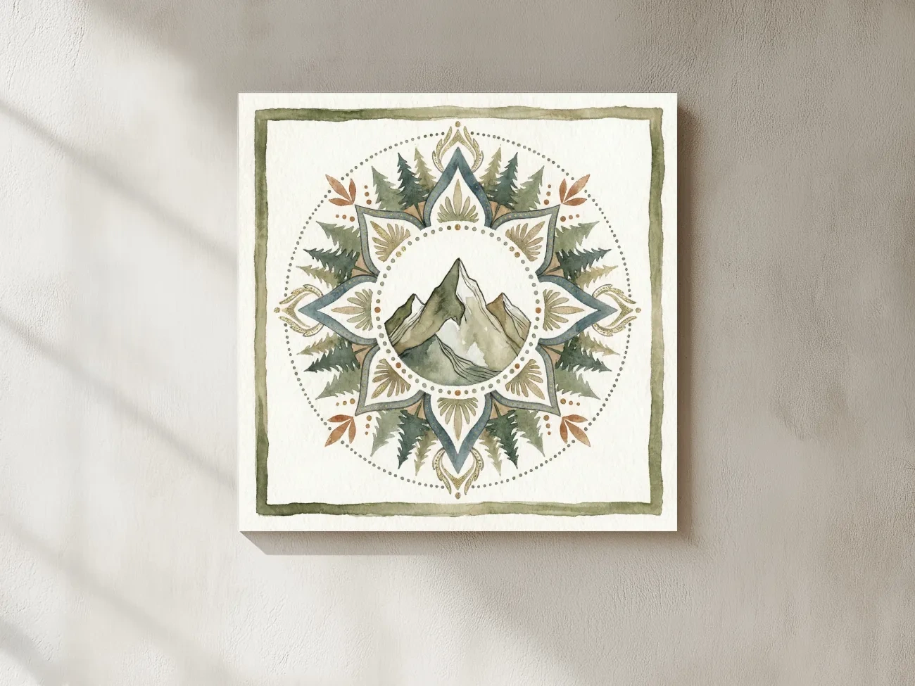Mountain Mandala Watercolor - Boho Botanical Nature Wall Art