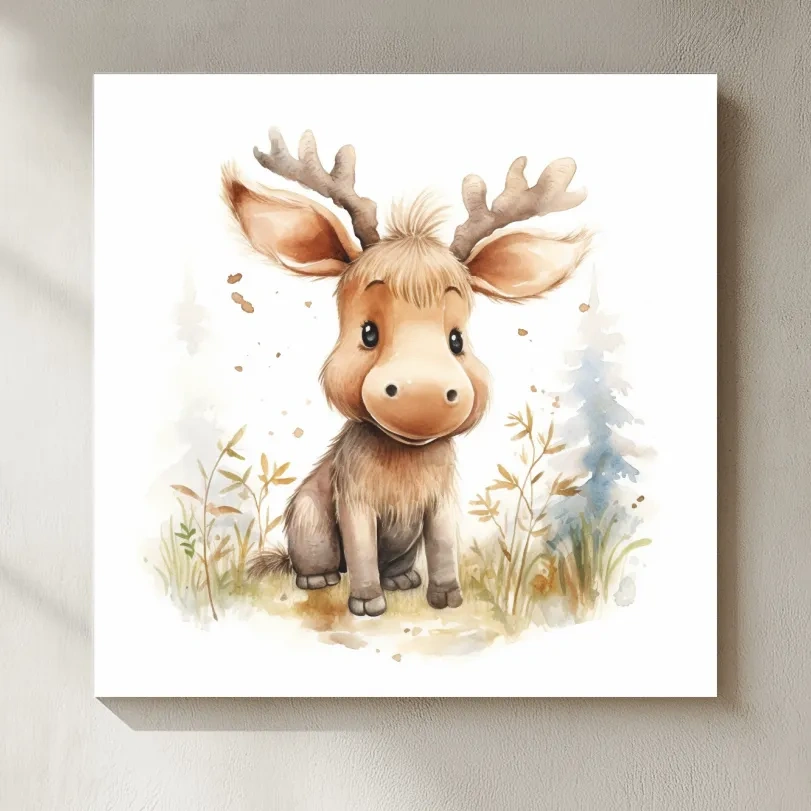Cute Baby Moose Watercolor Illustration - Woodland Nursery Animal Wall Art