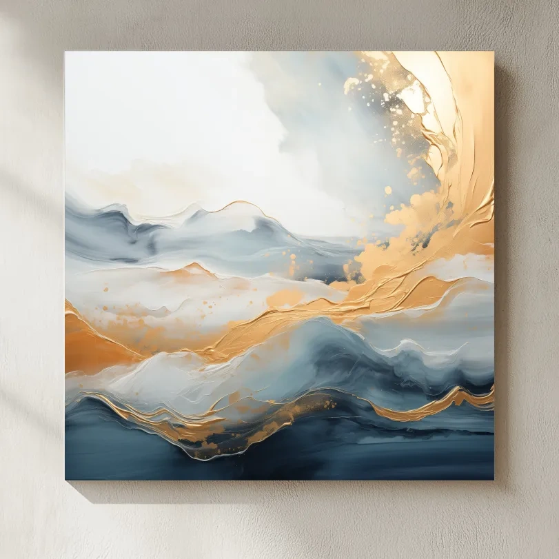 Fluid Abstract Blue And Gold Mountain Landscape - Modern Mixed Media Wall Art