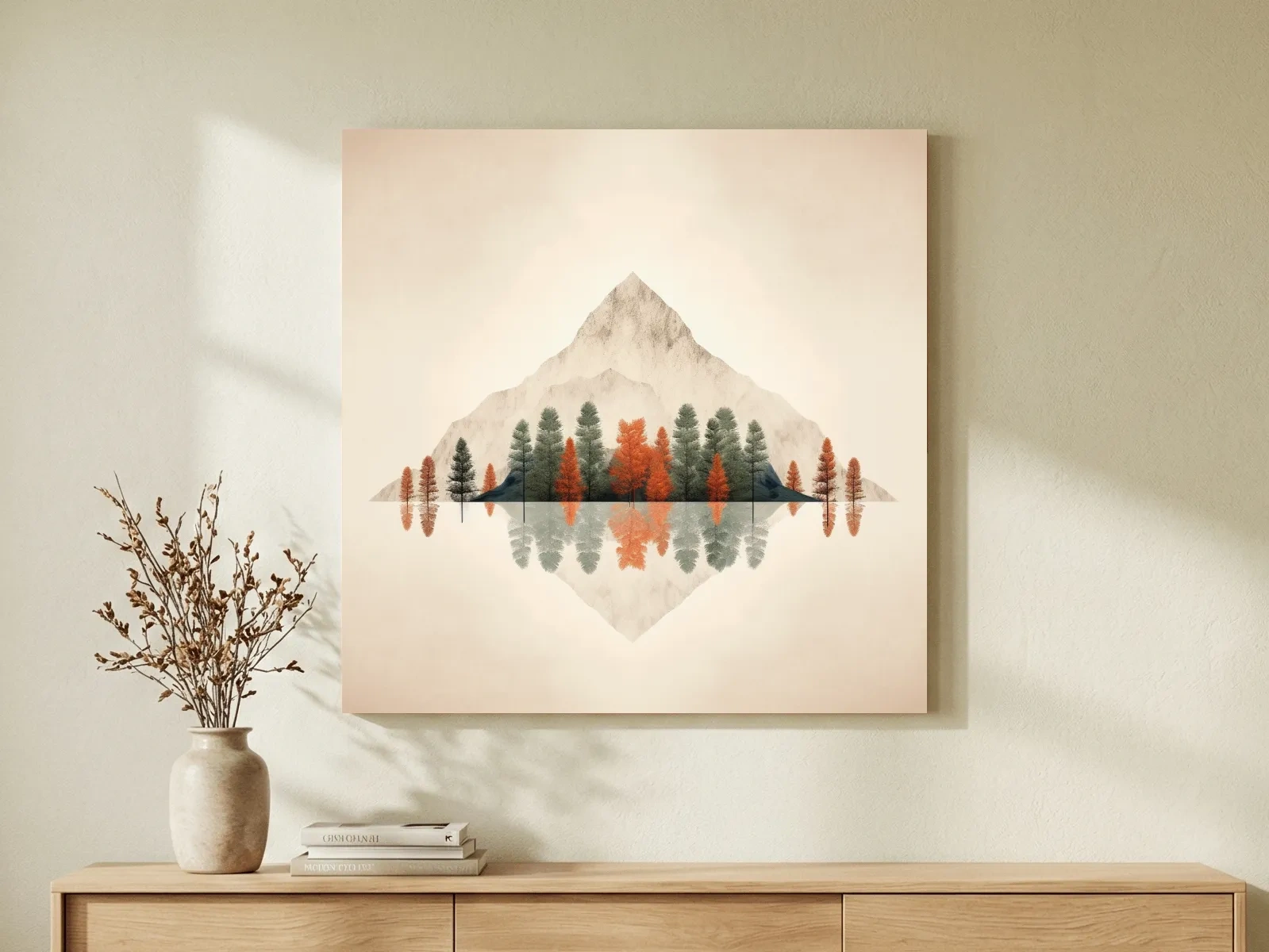 Minimalist Minimal Mountain Lake Reflection Painting - Autumn Pine Forest Artwork