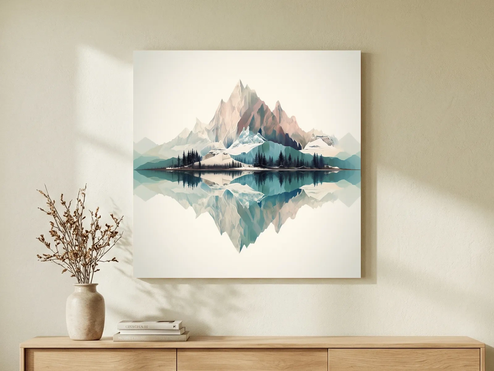 Minimalist Alpine Mountain Lake Reflection - Serene Pastel Watercolour Wall Art
