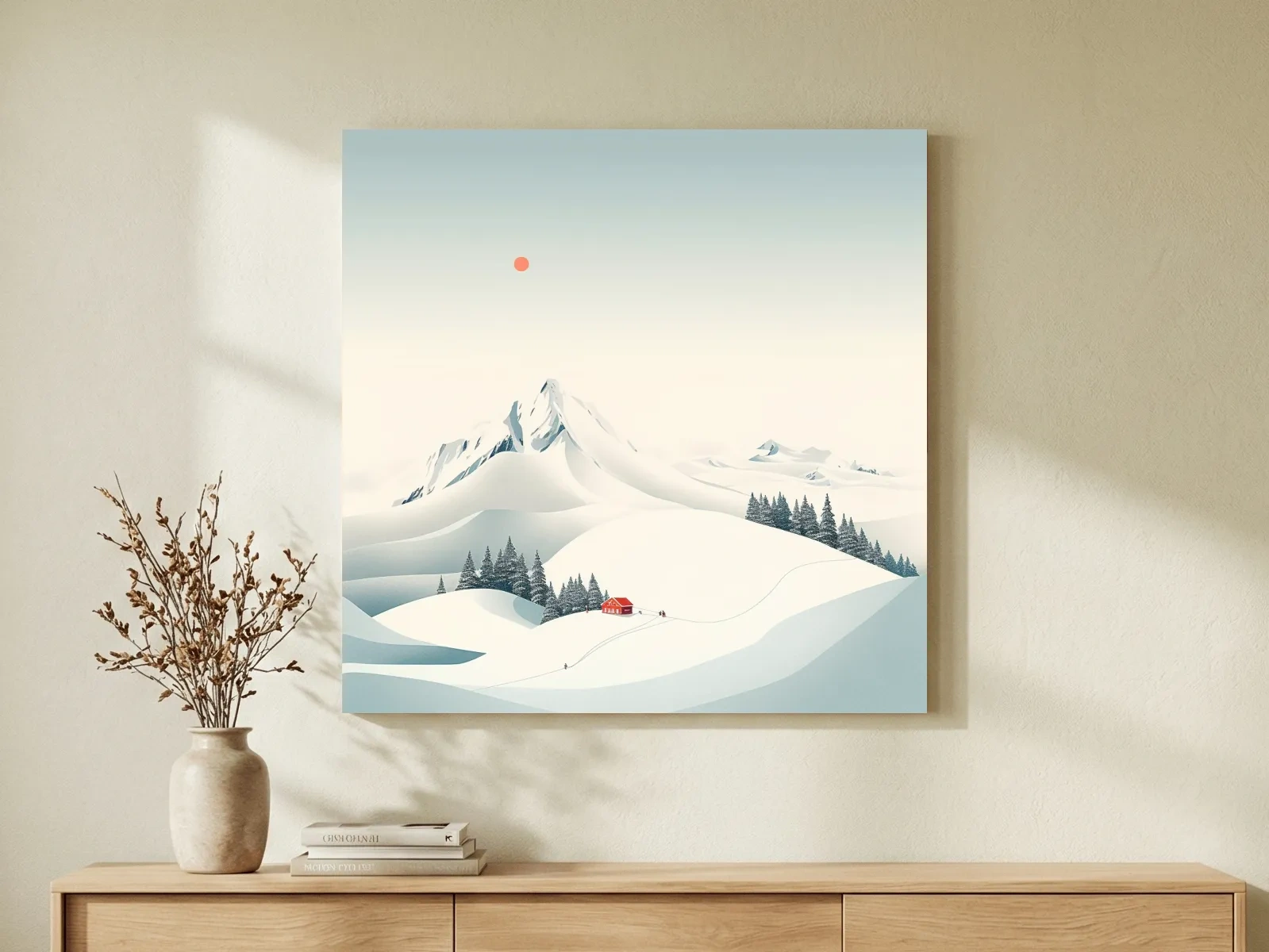 Minimalist Snowy Mountain Cabin Landscape - Winter Wall Art