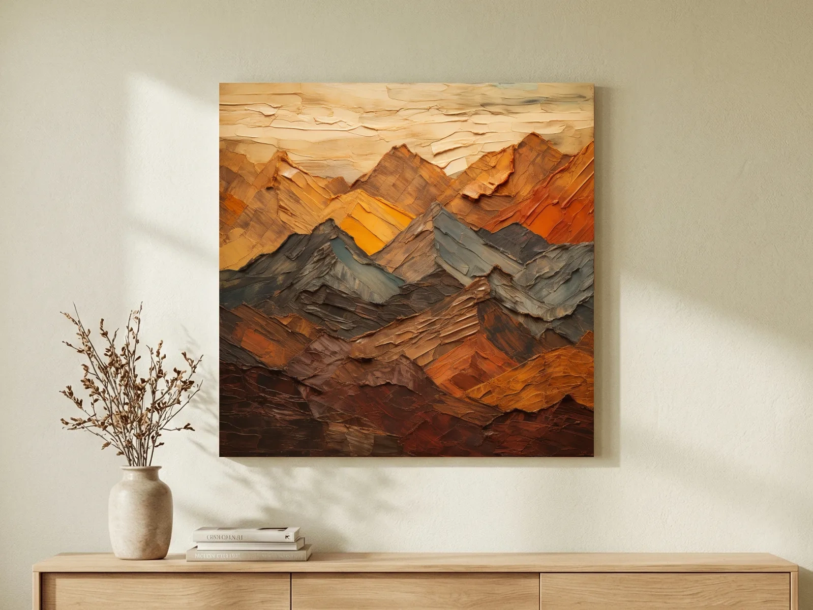 Textured Abstract Mountain Range Painting - Impasto Effect Rustic Landscape Wall Art
