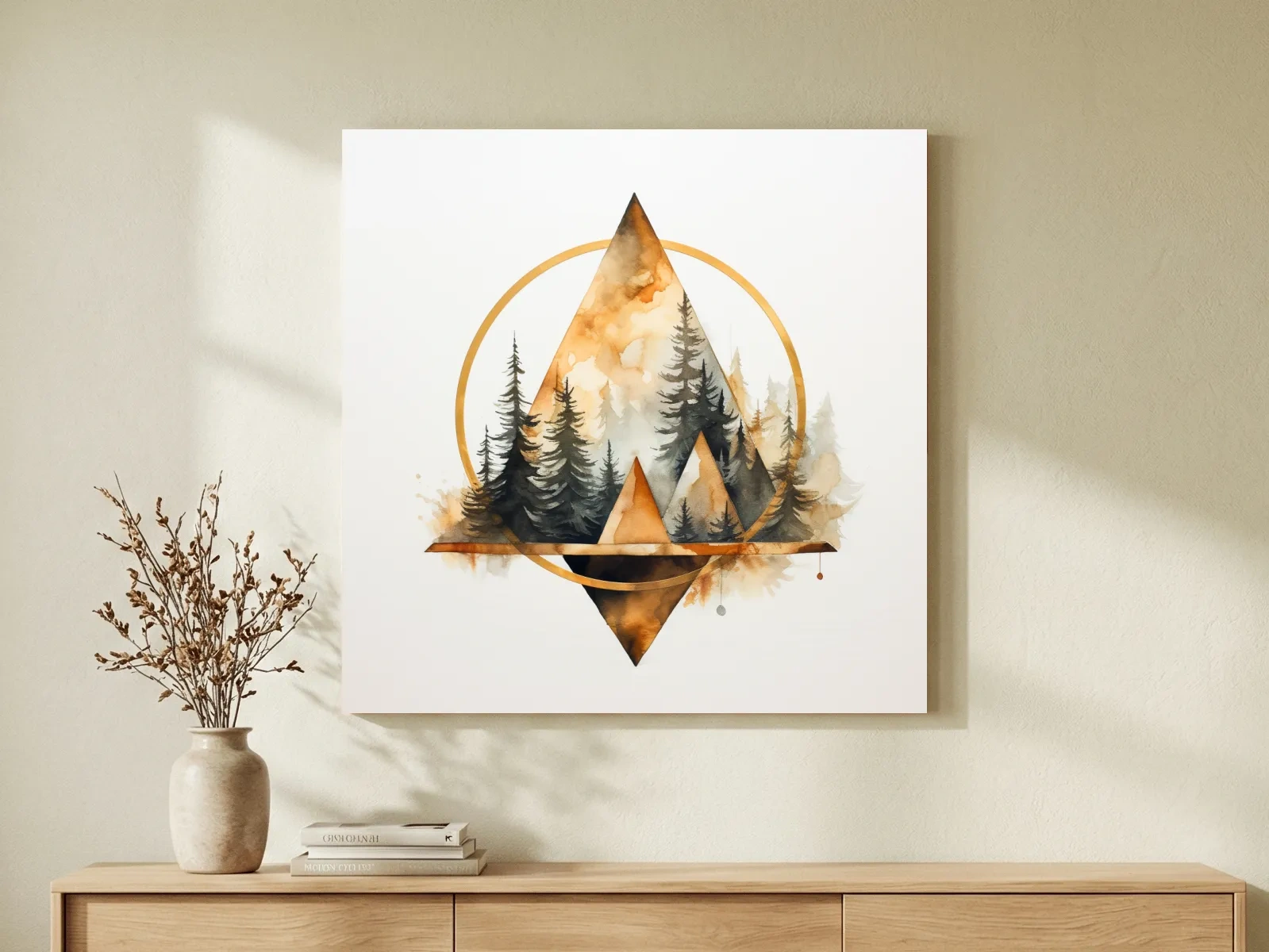 Geometric Watercolor Mountain & Pine Forest - Modern Rustic Nature Wall Art
