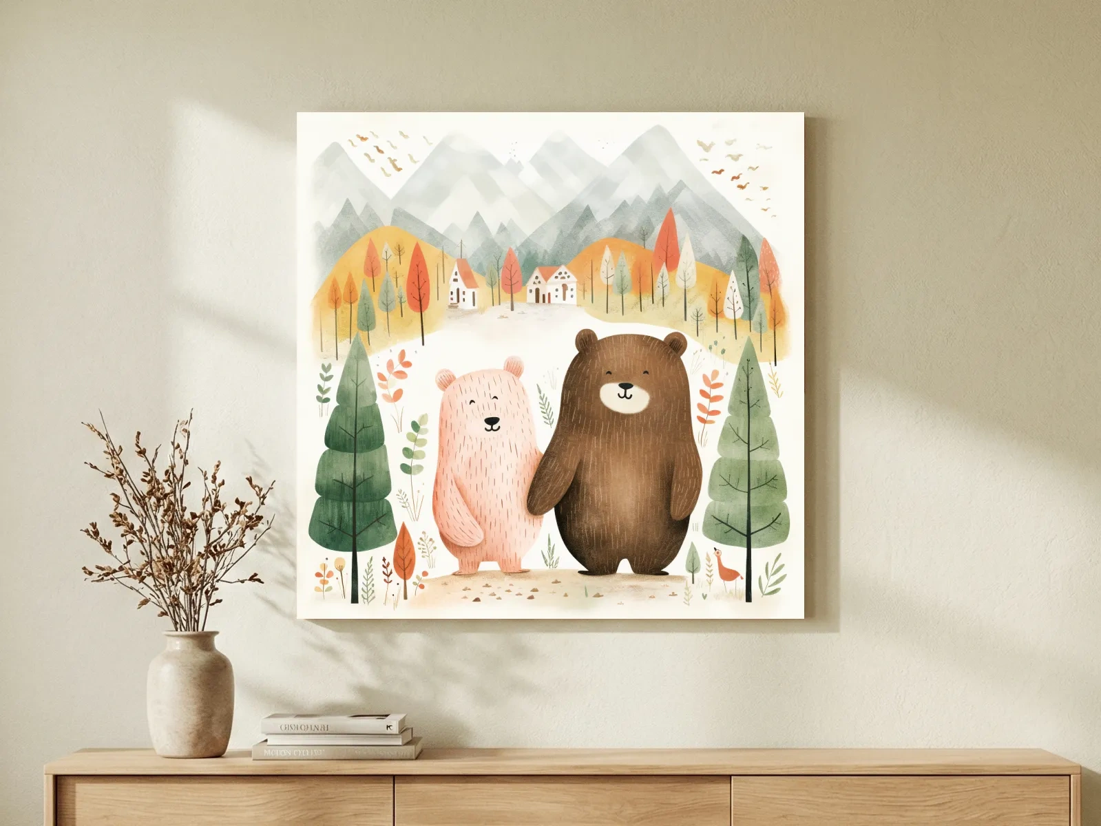 Cute Bear Couple Watercolor Illustration - Whimsical Mountain Forest Nursery Wall Art