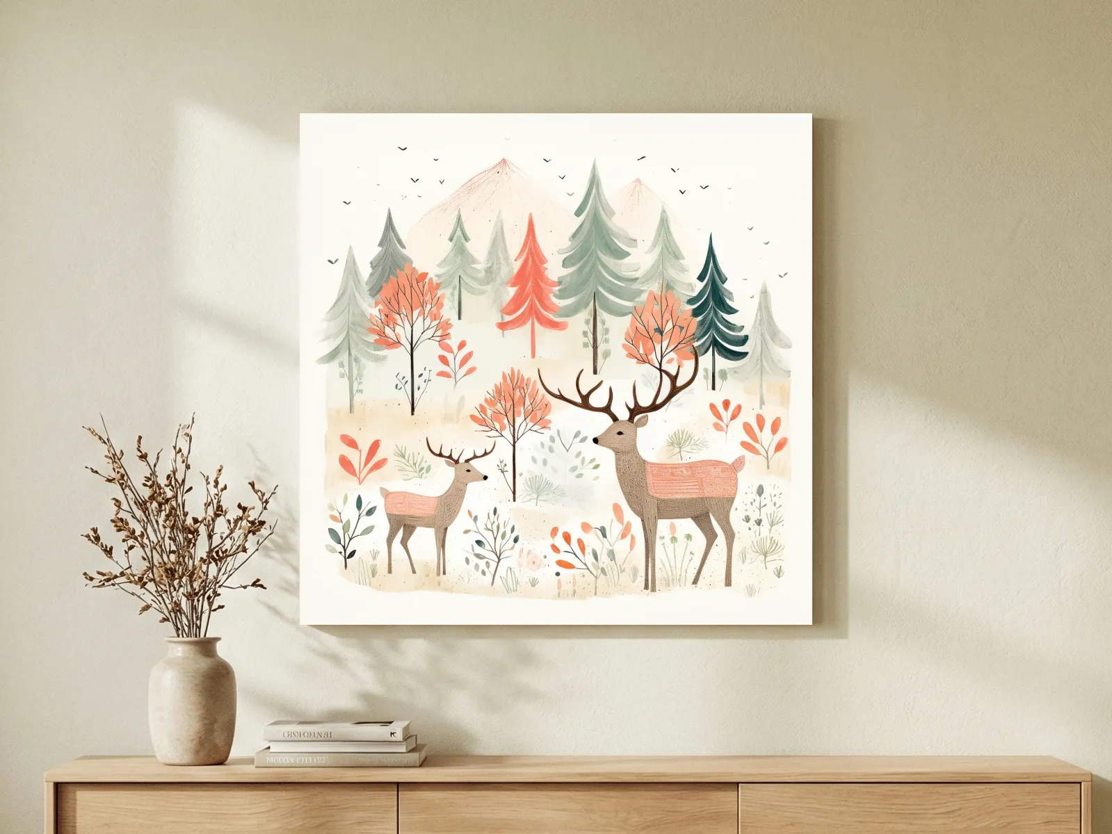 Whimsical Watercolor Deer Forest Storybook Scene - Scandinavian Woodland Nursery Wall Art