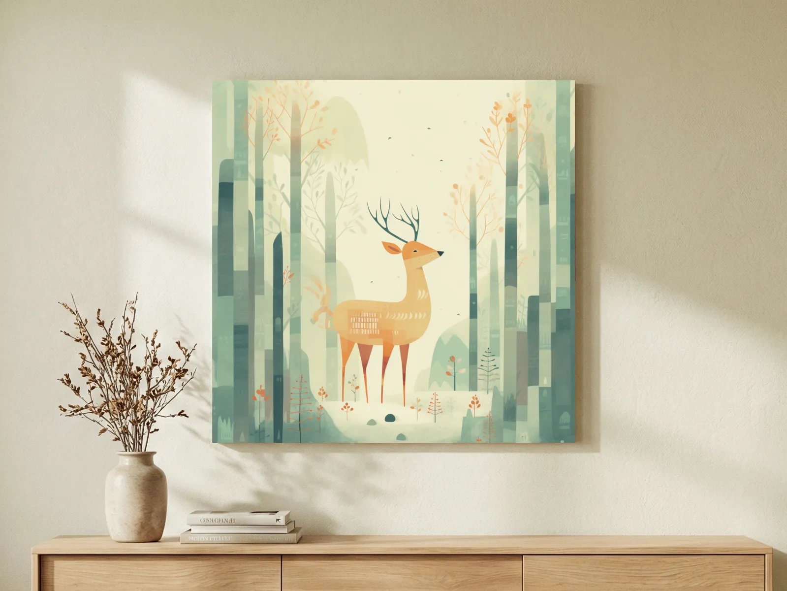 Whimsical Deer In Misty Forest - Minimalist Woodland Nursery Wall Art