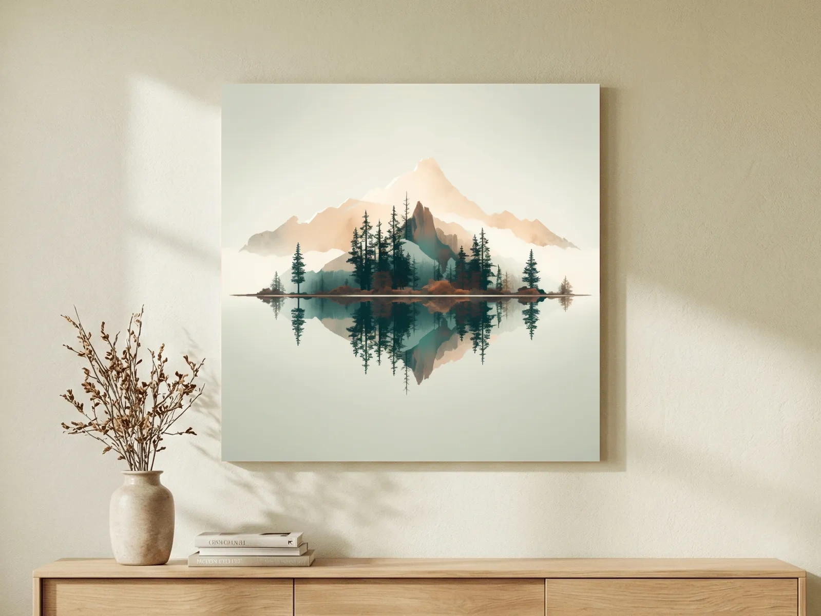 Minimalist Watercolor Mountain Lake Reflection - Serene Pine Forest Landscape Wall Art