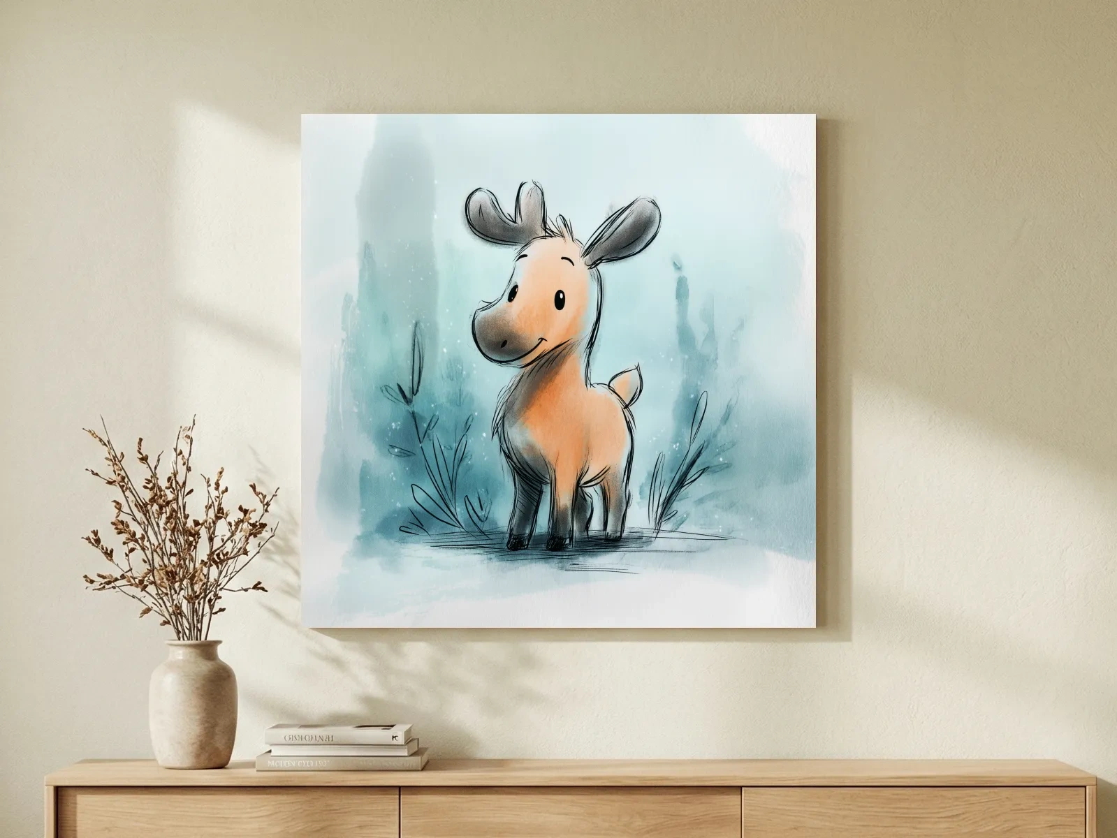 Cute Baby Moose Watercolor Illustration - Whimsical Nursery Wildlife Wall Art
