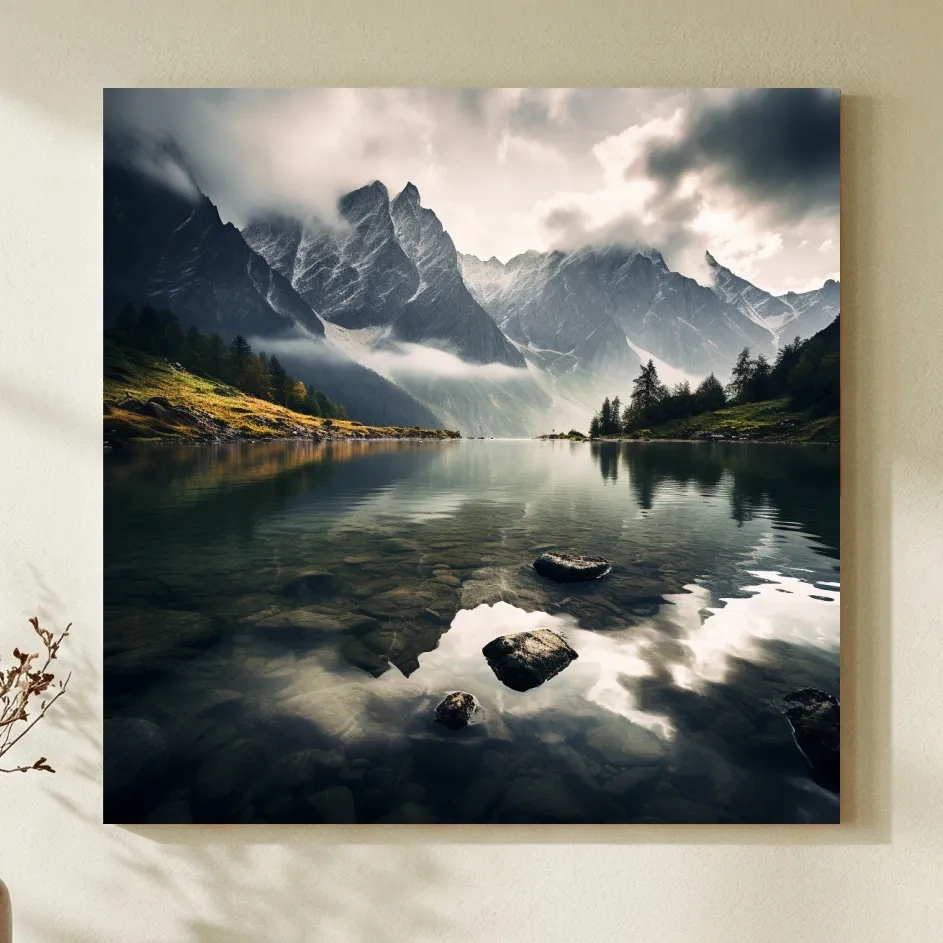 Moody Alpine Lake Reflection Photographic Print - Dramatic Landscape Wall Art