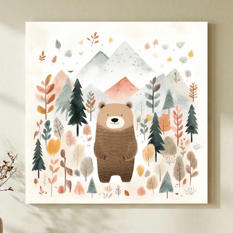 Cute Watercolor Bear Bear In Forest - Whimsical Mountain Nursery Wall Art