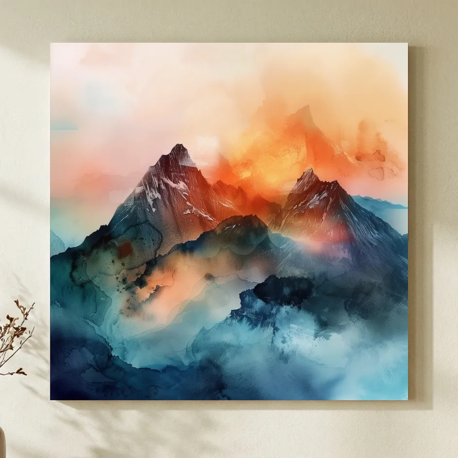 Vibrant Abstract Alpine Mountain Sunrise - Watercolor Landscape Artwork