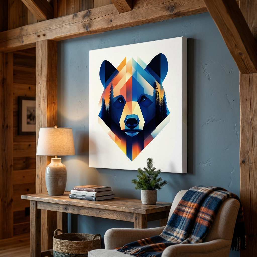 Mockup of Colorful Geometric Grizzly Bear Forest Portrait - Modern Wildlife Wall Art