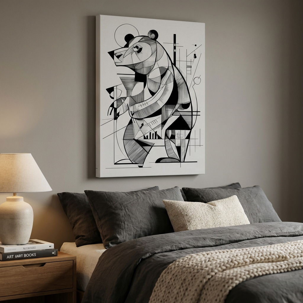 Mockup of Cubism Abstract Bear Artwork - Modern Black And White Wildlife Wall Art