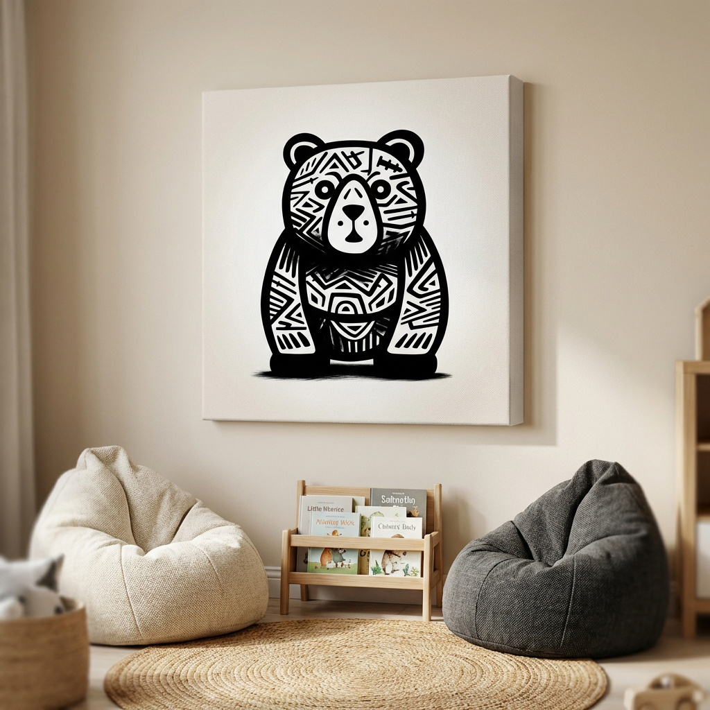 Mockup of Tribal Pattern Bear Illustration - Quirky Black And White Animal Wall Art