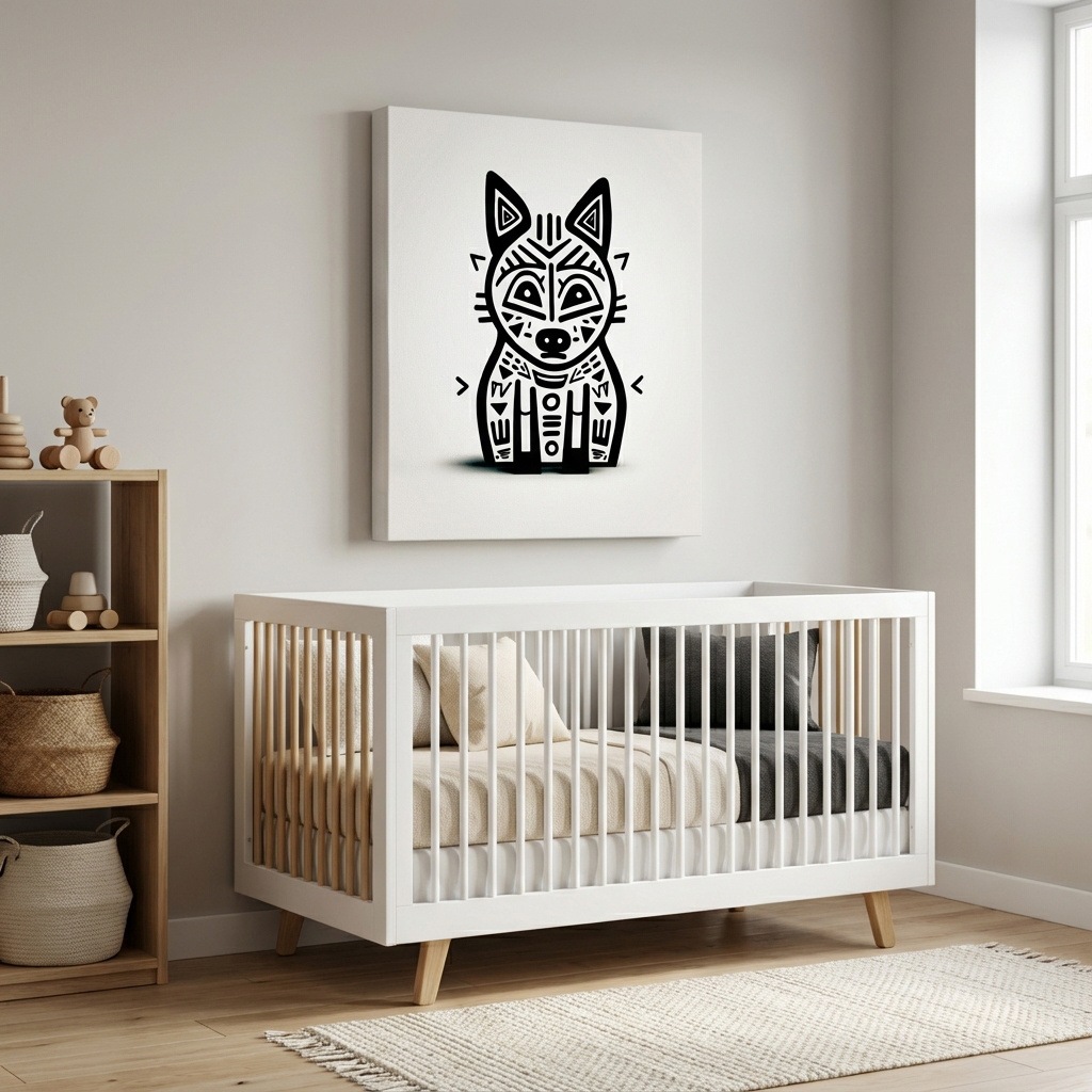Mockup of Minimalist Tribal Fox Line Art - Quirky Black And White Animal Wall Art
