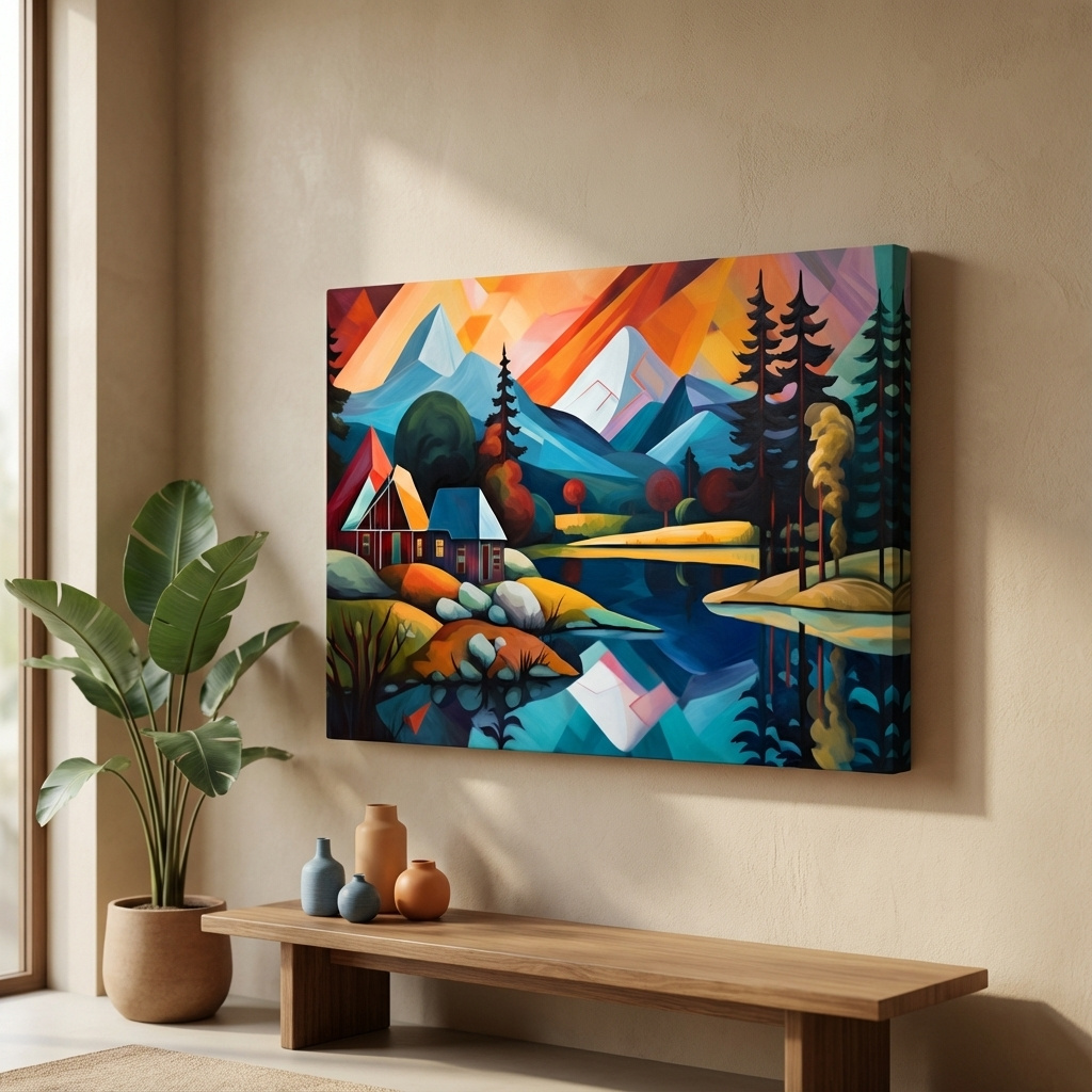 Mockup of Abstract oil painting of a cabin by a lake, mountain scenery