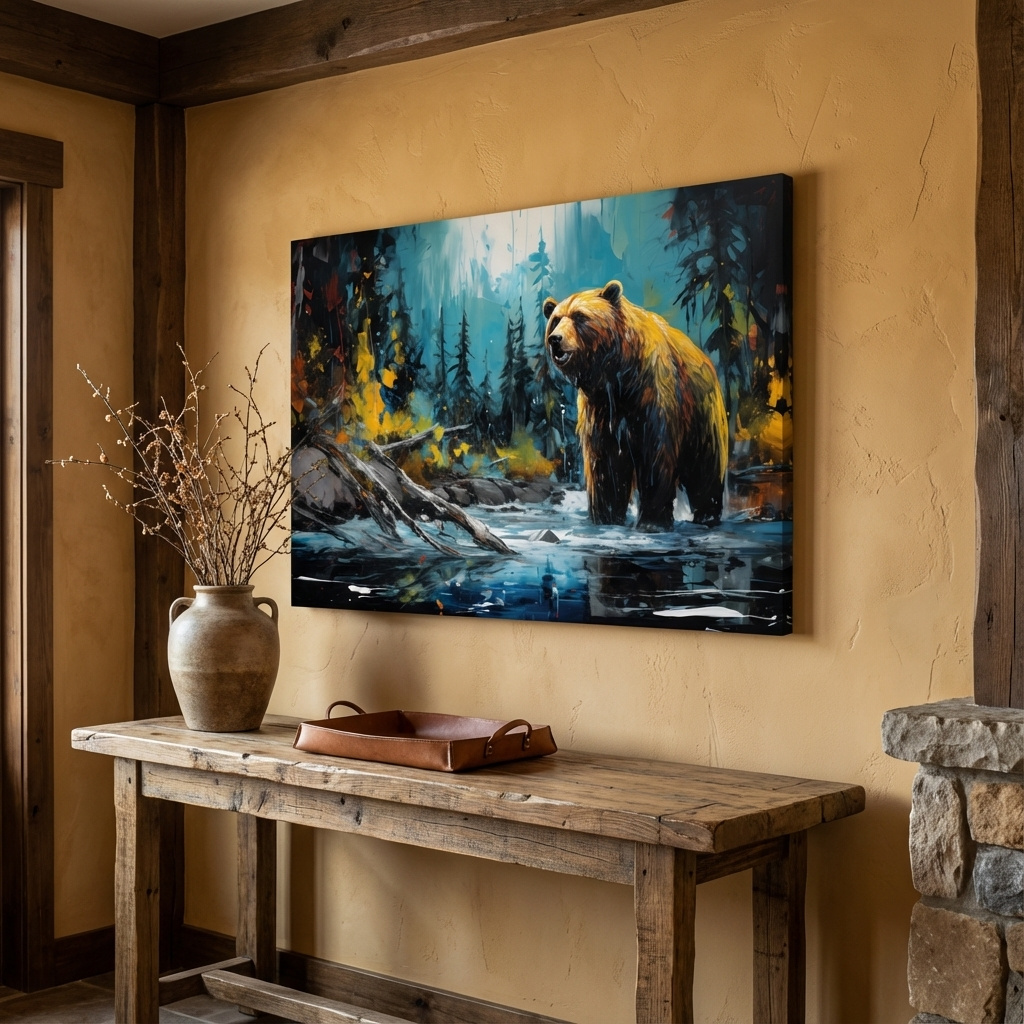 Mockup of Colourful painting of a grizzly bear in the river