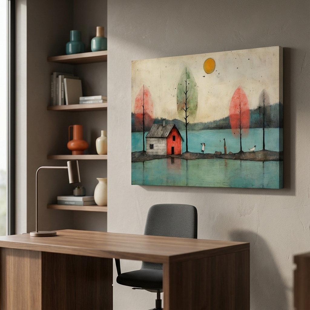 Mockup of Painting of a quirky cabin on the lake, textured effect