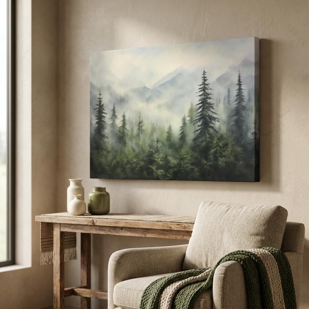 Mockup of Painting of fog rolling through the trees and mountains