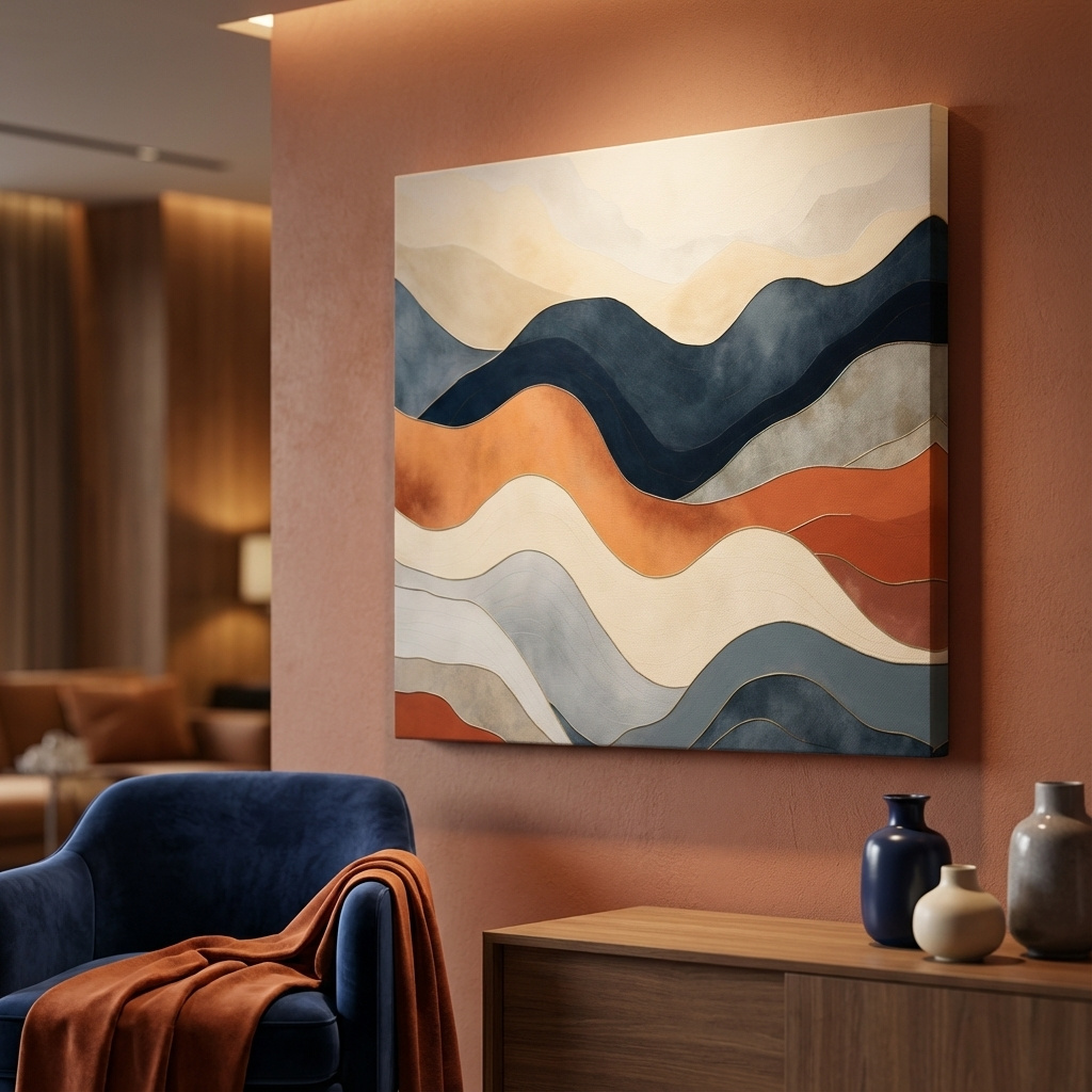 Mockup of Rolling abstract mountain shapes, mid century style art