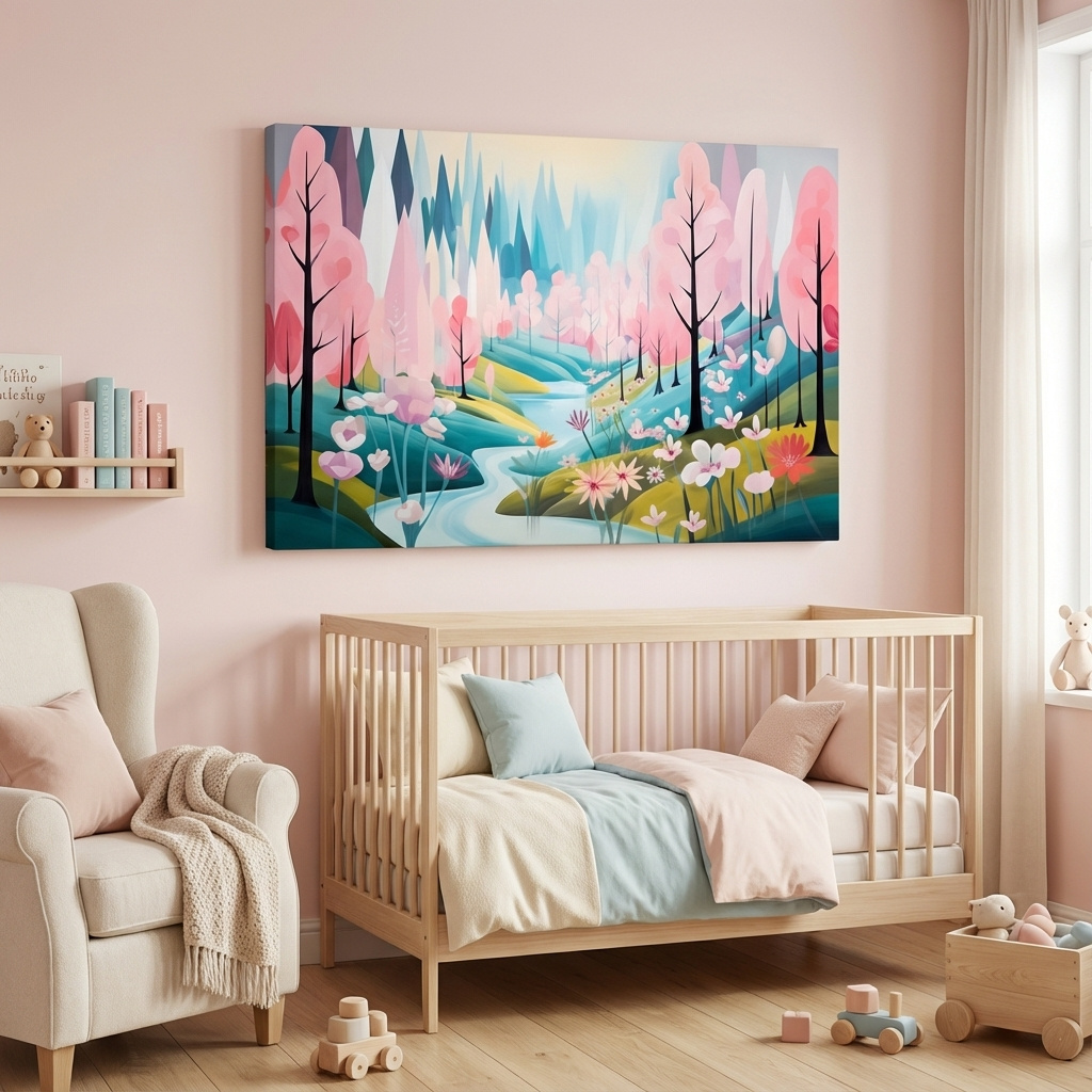 Mockup of Dreamy painting of a pink blossom forest