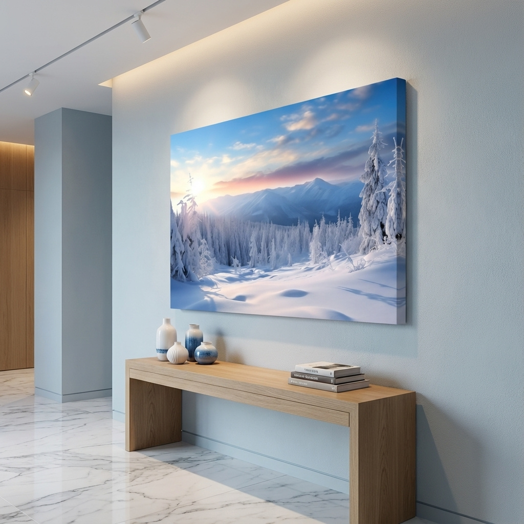 Mockup of Snow covered alpine forest at sunset, photographic art