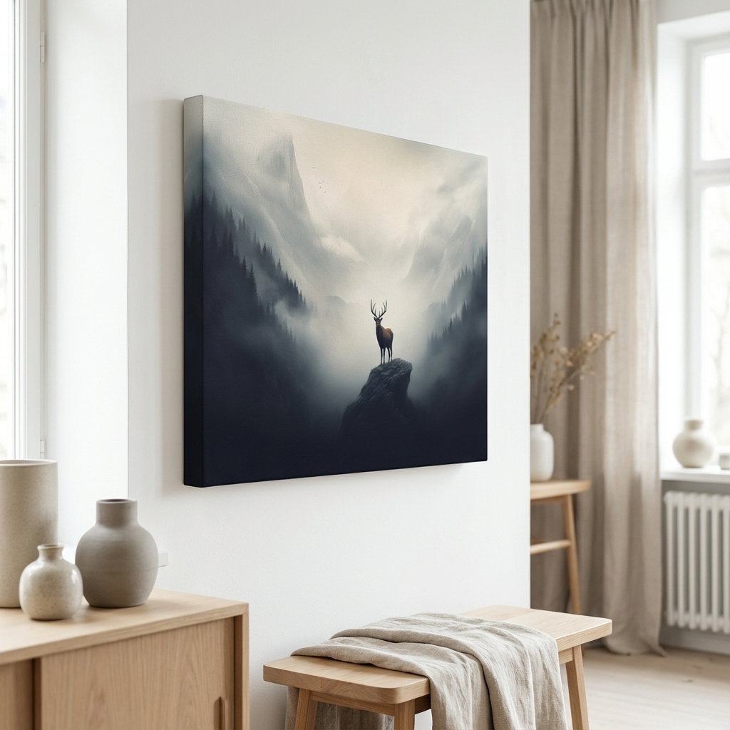 Mockup of Painting of a majestic deer standing in the fog