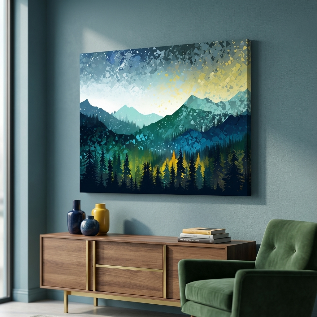 Mockup of Vibrant forest and mountain art, abstract pointillism
