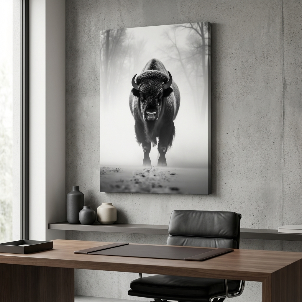 Mockup of Black and white photo of a bison walking on snow