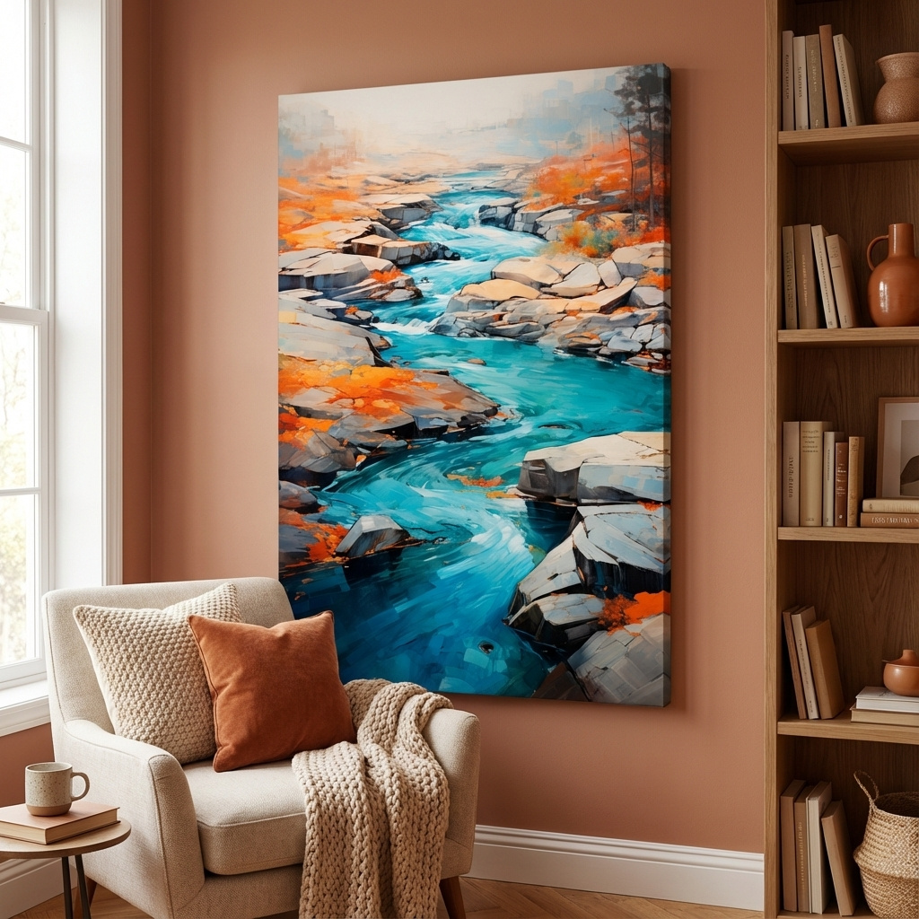 Mockup of Serene painting of a river flowing through the rocks in fall