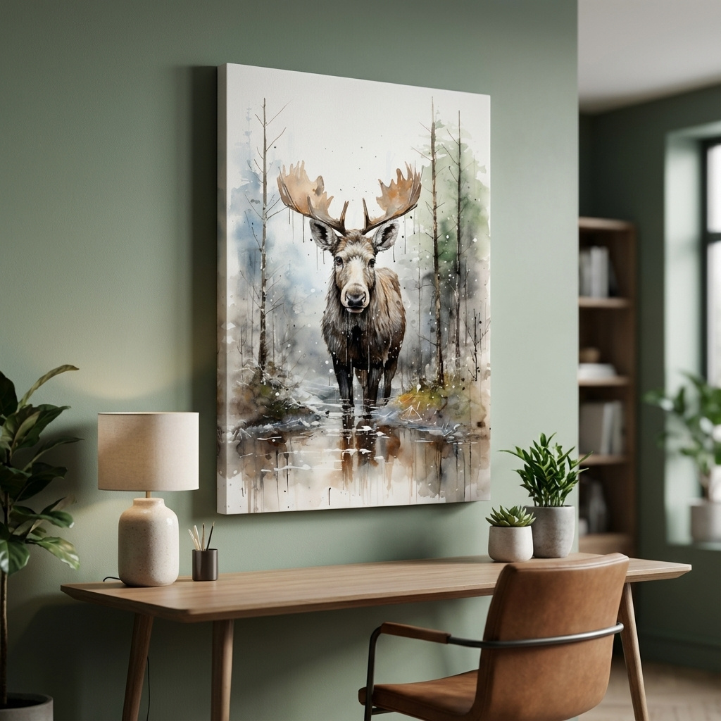 Mockup of Watercolor painting of a moose in a forest lake