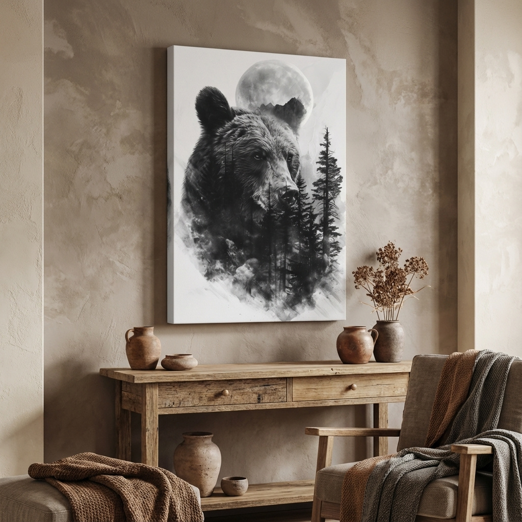 Mockup of Drawing artwork of a bear, forest and moon, double exposure charcoal drawing style