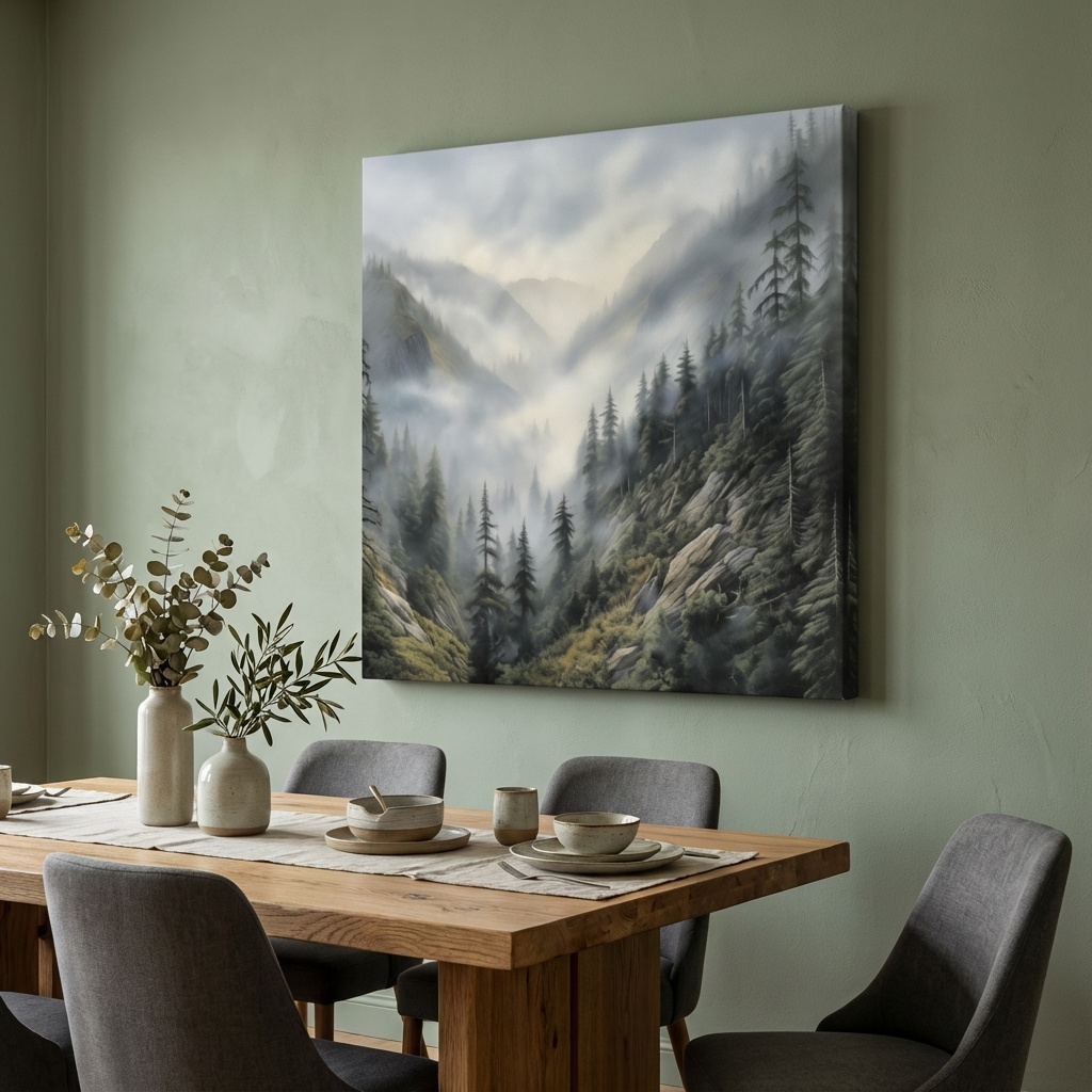 Mockup of Painting of fog rolling through the mountains and trees