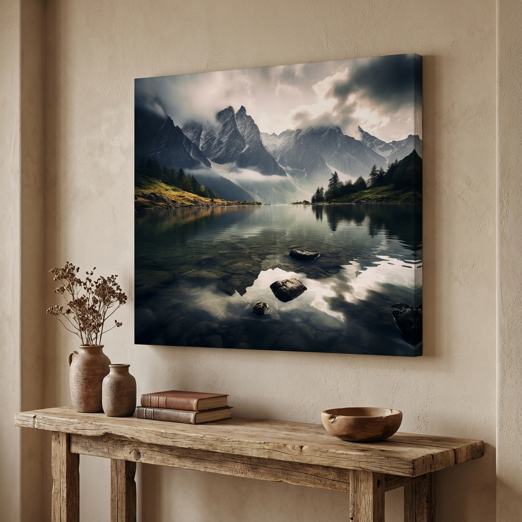 Mockup of Photographic art, dramatic clouds over an alpine lake