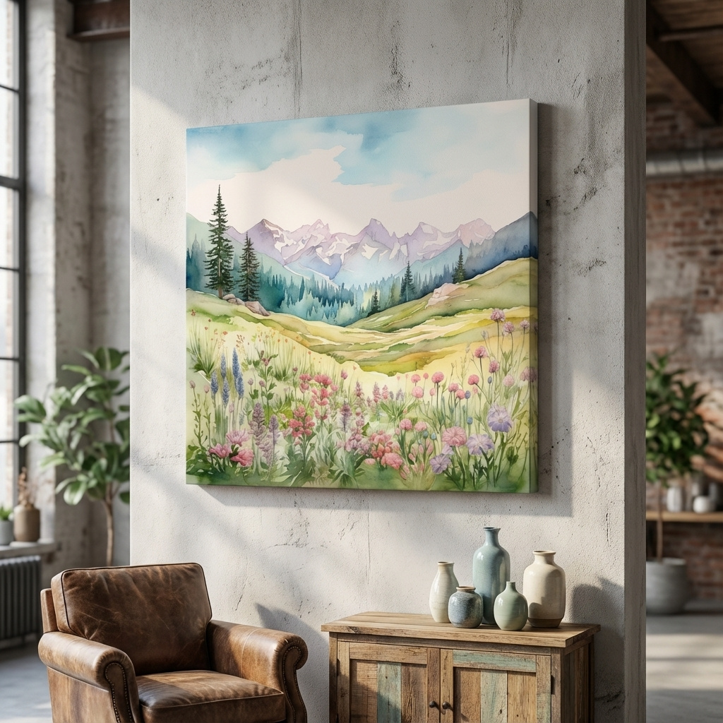 Mockup of Watercolour painting of alpine flowers in pastel mountain meadows
