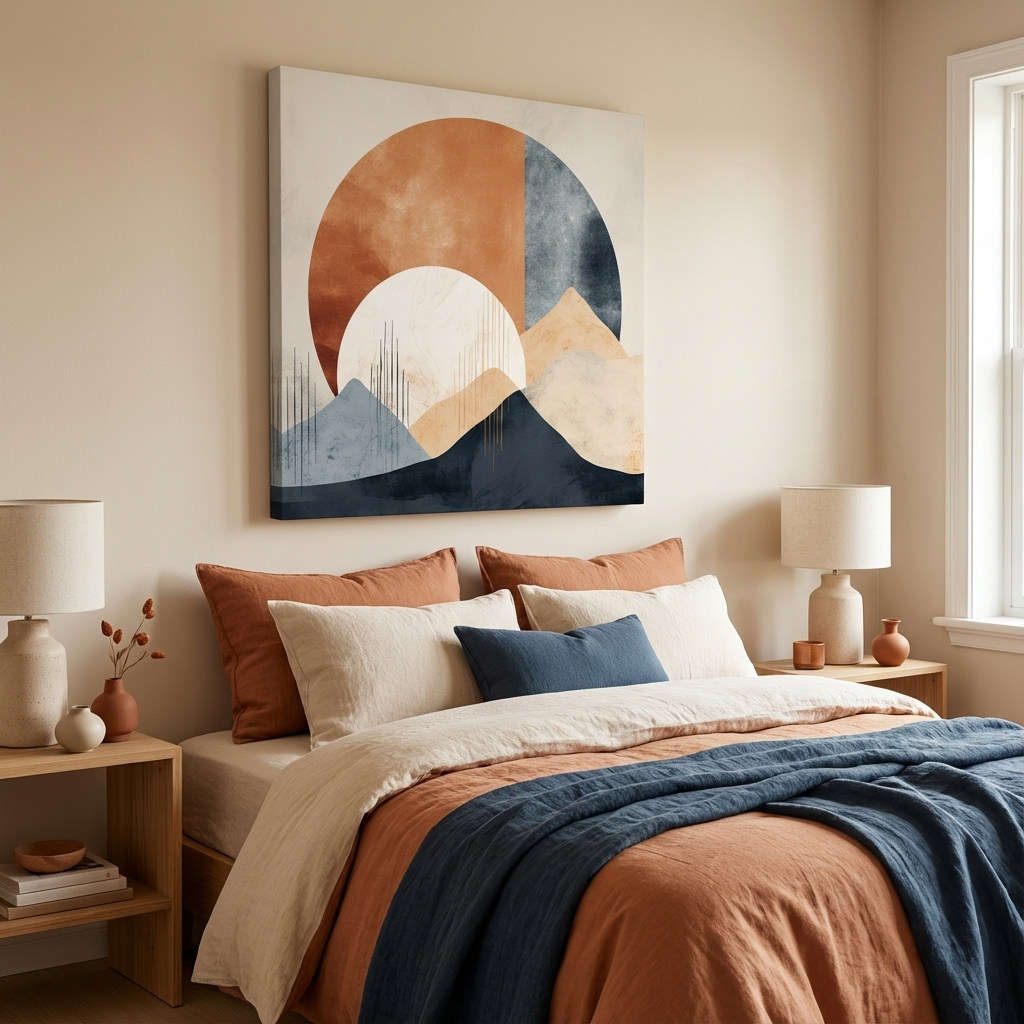 Mockup of Abstract shapes forming mountains, mid century style artwork, earthy tones