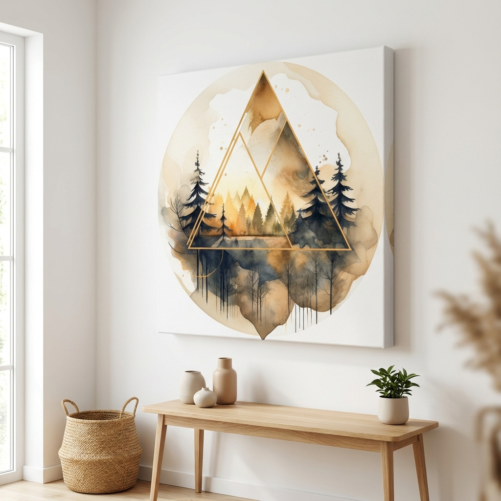 Mockup of Rustic geometric forest watercolour painting, minimal and elegant