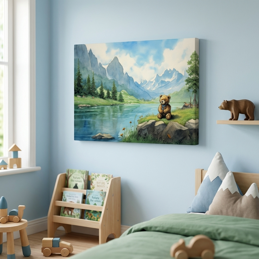 Mockup of Childrens painting of teddy bear in the mountains