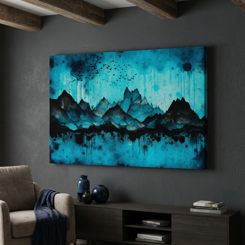 Mockup of Abstract mountain landscape artwork, watercolor ink splatter design