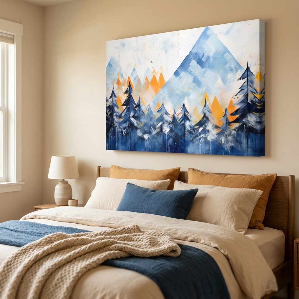 Mockup of Simple blue and orange abstract mountain painting