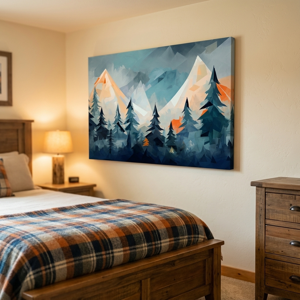 Mockup of Minimal painting, alpine mountain treeline art
