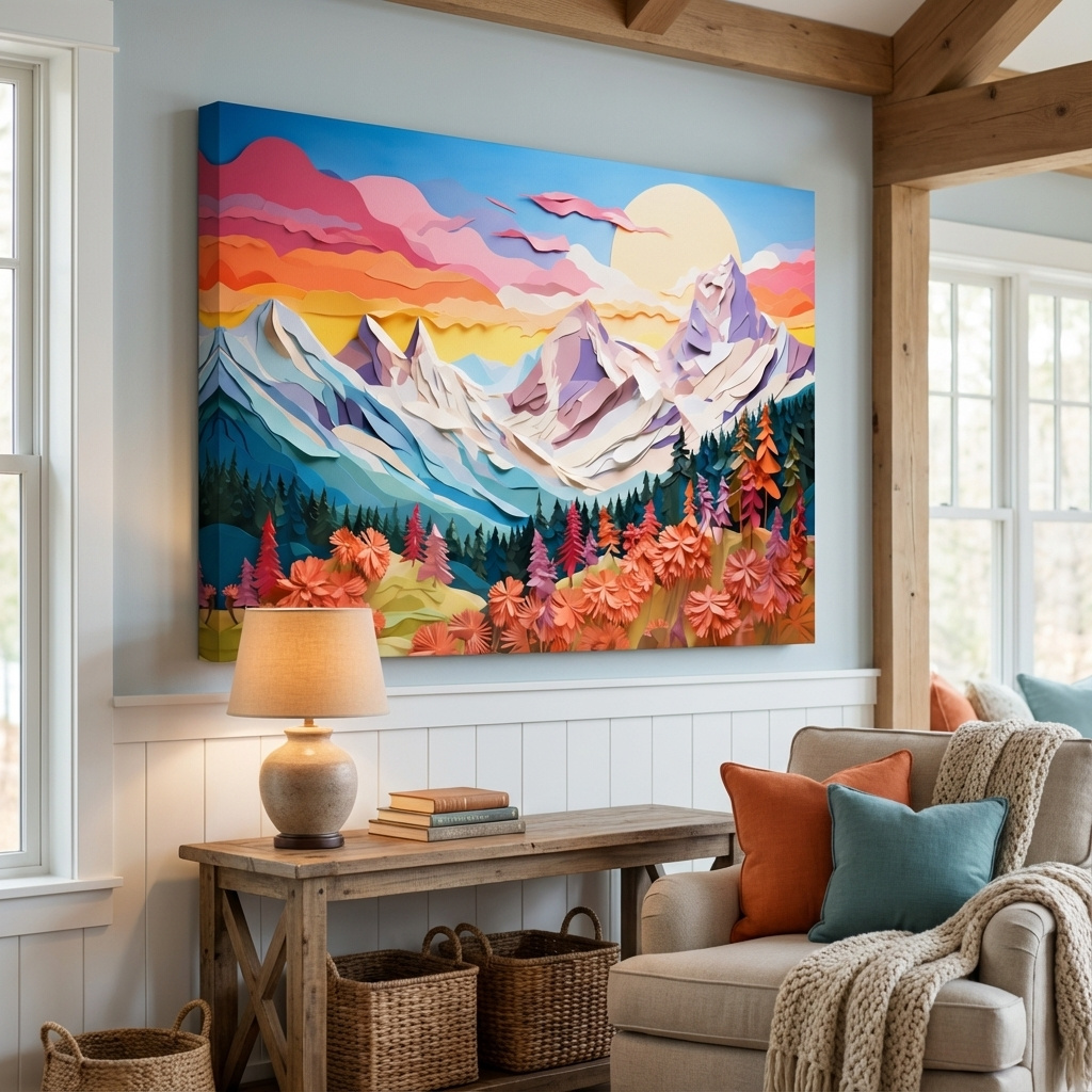Mockup of Paper cutout style art of alpine flowers at sunset