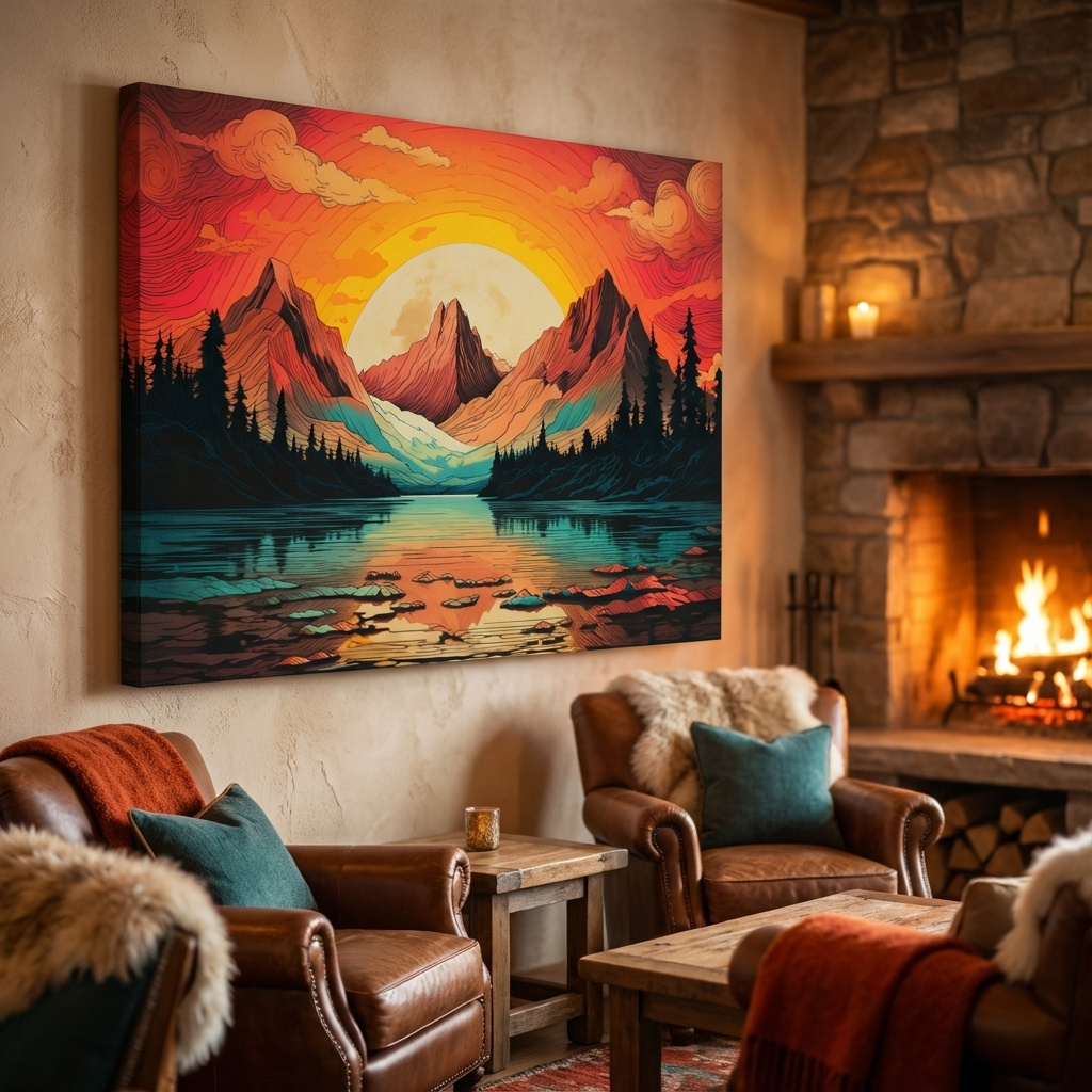 Mockup of Vibrant Retro Alpine Lake Sunset - Stylized Mountain Wall Art