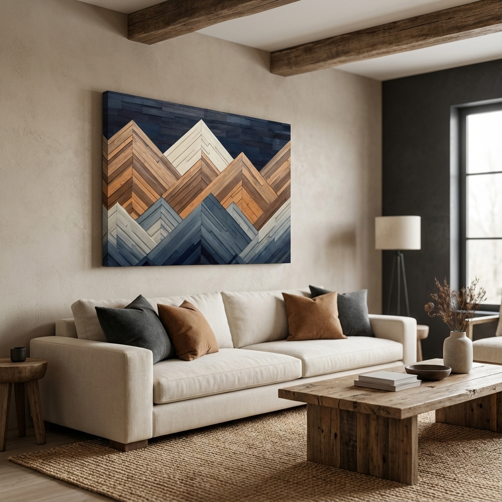 Mockup of Geometric Wood Plank Mountains - Modern Rustic Canvas Wall Art