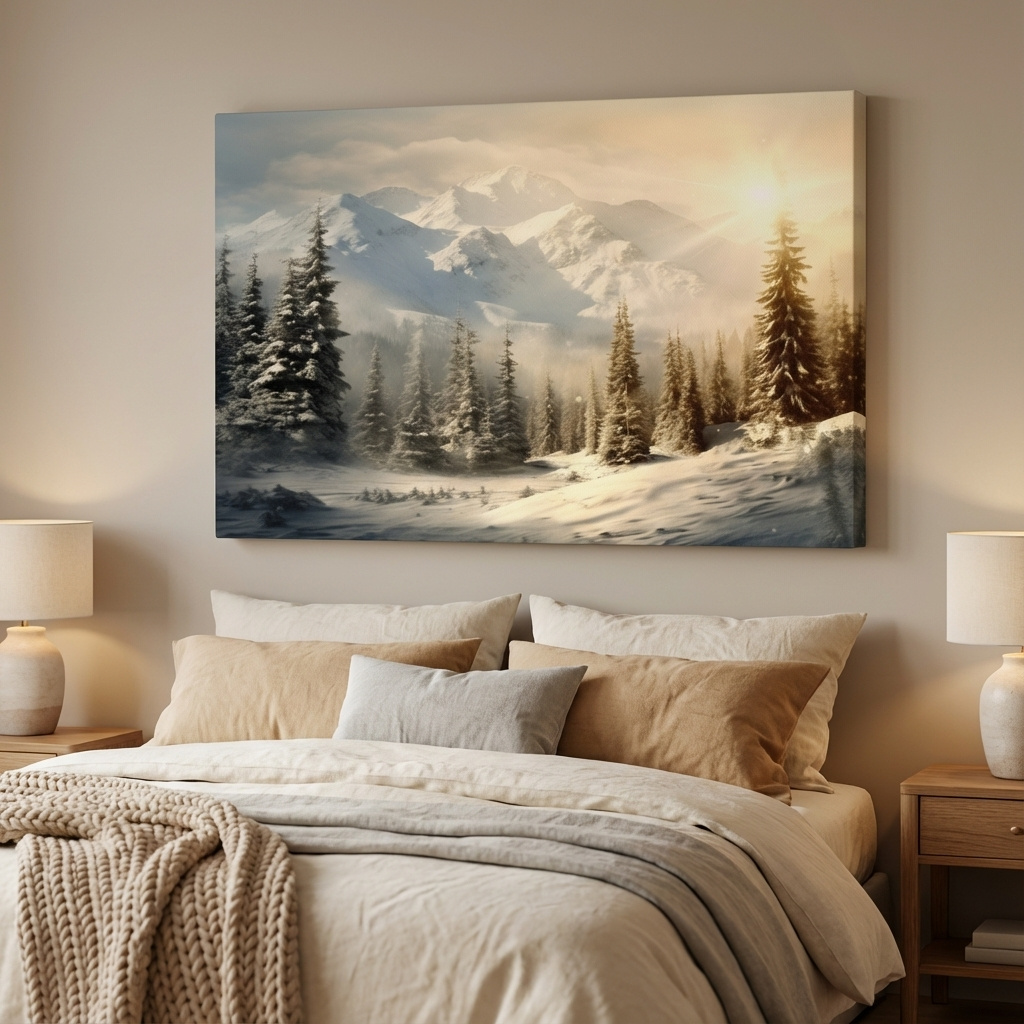 Mockup of Snow covered mountains at sunrise, realistic painting