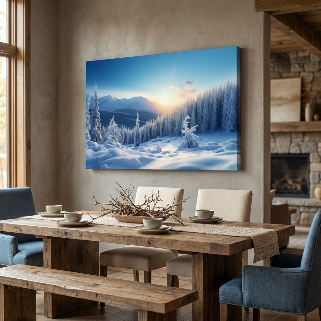 Mockup of Snow covered alpine trees in the sun, photographic art