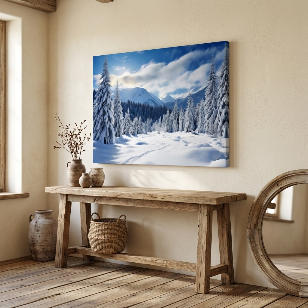 Mockup of Skin tracks in the alpine, snow covered forest photograph art