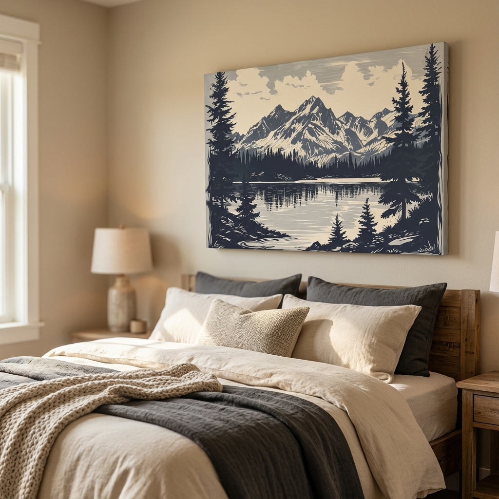 Mockup of Alpine lake artwork, linocut style art
