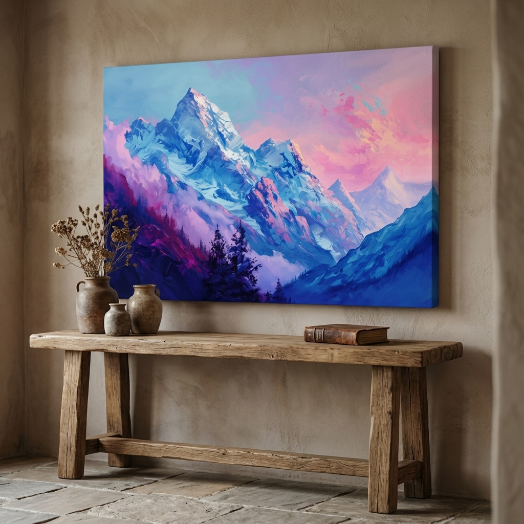 Mockup of Impressionism style painting of a pink alpine sunset over a glacier
